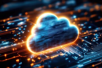 Obraz premium glowing digital cloud icon surrounded by circuit board elements with blue and orange light effects symbolizing data storage and computing technology