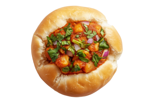Indian Vada pav bread stuffed with spicy vegetable curry, garnished with onions and herbs, isolated on white transparent background, concept of street food