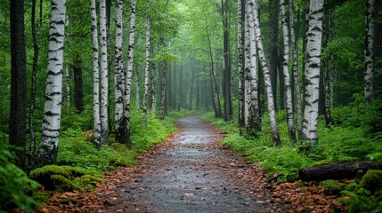 Fototapeta premium Misty forest path in birch trees