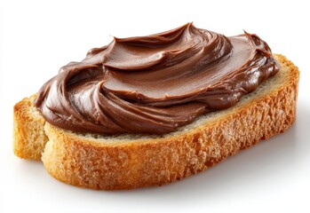 A thick layer of rich chocolate cream is slathered onto a slice of airily baked bread, ideal for breakfast or an afternoon treat. This enticing spread invites immediate enjoyment