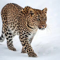 A leopard is isolated on a white background, highlighting its distinctive spotted coat, muscular build, and fierce expression