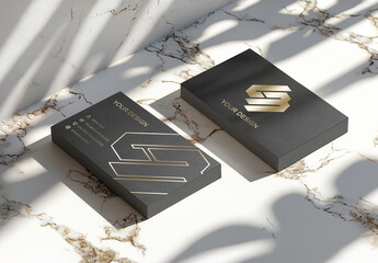 Two Black Business Card Stacks Mockup On A Marble Surface
