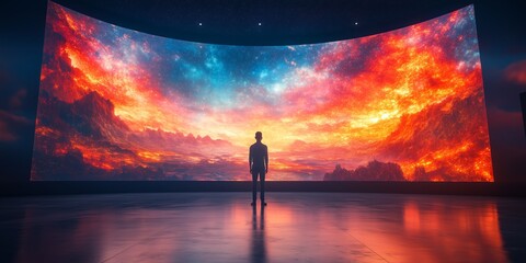 a man standing in front of a large curved LED screen displaying a 3D immersive landscape, empty space on the right for text, soft glowing light