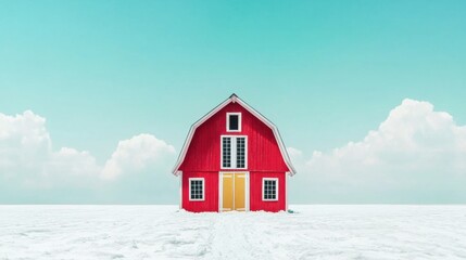 A red barn with a yellow door and white trim stands in a snowy field.