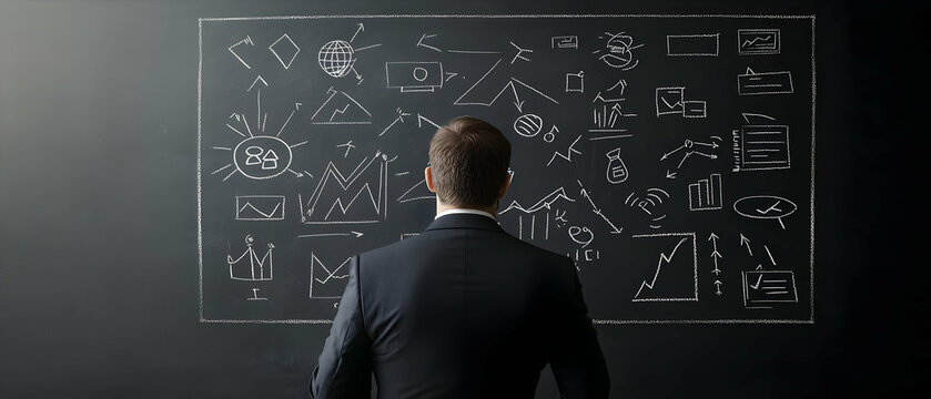 Businessman Contemplating Symbols On Chalkboard