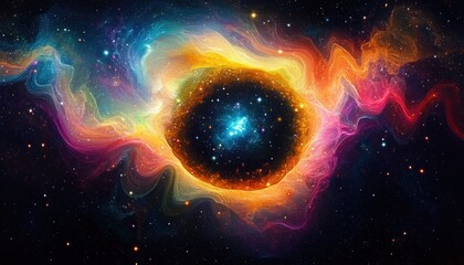 Obraz premium Vibrant cosmic nebula swirling with colorful gases surrounding a dark central core filled with glowing stars, evoking a sense of mystery and vastness in space