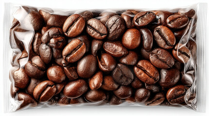 Obraz premium A bag of coffee beans with a shiny, metallic look. The beans are brown and shiny, and they are packed in a clear plastic bag
