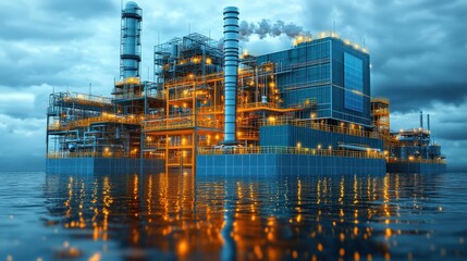 Fototapeta premium Modern industrial facility surrounded by water with illuminated structures and smoke emission