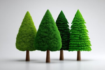 Lush green artificial trees in various shapes standing neatly on a minimalistic white backdrop capturing the essence of nature while emphasizing sustainability and creative design aesthetics