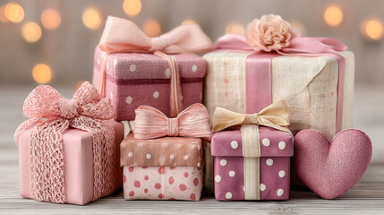 A stack of pink boxes with bows on them, including a heart shaped box. The boxes are decorated with polka dots and bows, giving them a festive and playful appearance