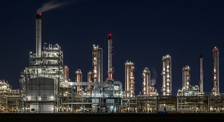 night view of illuminated petrochemical refinery position subject on the left side of the image with ample copy space on the right for text or graphics. ,hyper realistic digital art