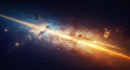 Obraz premium Celestial Burst Golden Ray Across Cosmic Nebula with Distant Planet