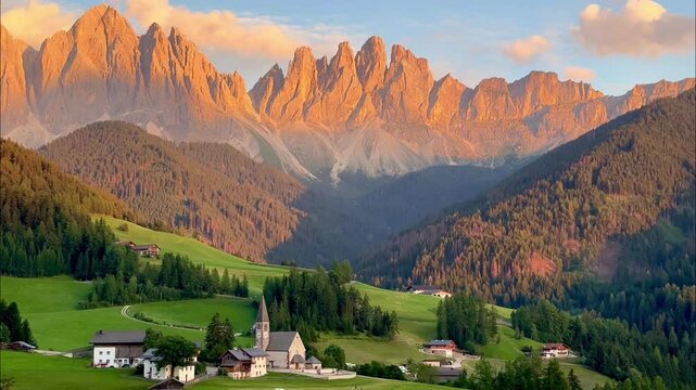 Golden Sunset Over Val di Funes and Odle Mountains, Dolomites, Italy