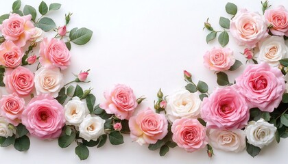 Beautiful arrangement of pink and white roses with green leaves framing a white background, evoking elegance and freshness