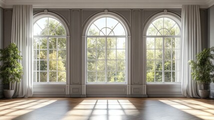 Fototapeta premium Sunlight streams through arched windows in a grand room's hardwood floor, showcasing elegant interior design for real estate