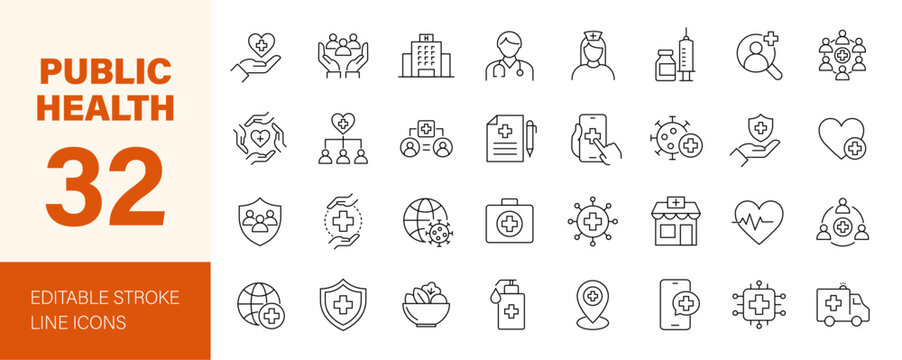 Public health icon set. Containing healthcare, doctor, hospital, medical services, vaccine, hygiene, healthy lifestyle, health awareness and more. Editable line icons. Vector illustration.