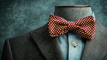 A mannequin wearing a dark gray suit jacket, light blue shirt, and red bow tie with yellow polka dots.