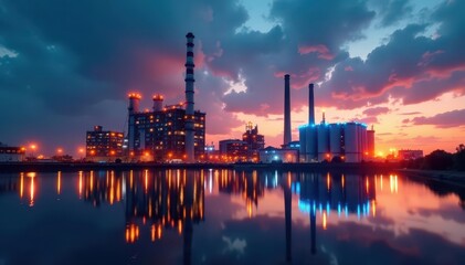 Obraz premium Factory skyline, data streams, economic indicators, energy, growth, data