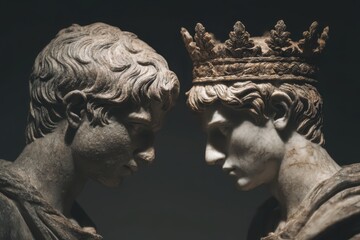 Two meticulously crafted marble statues of young men stand facing each other in a museum. One statue wears a decorative crown, highlighting their artistic significance and historical context