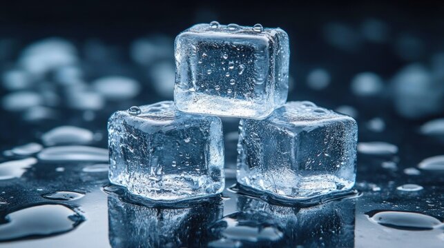 Three glistening ice cubes stacked with water droplets on their surfaces surrounded by melting water on a reflective surface conveying freshness and chill