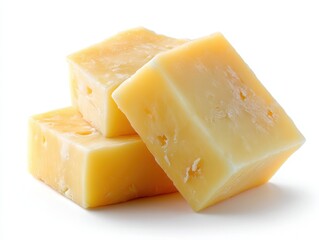 Two square pieces of hard cheese are placed against a clean white background, showcasing their smooth texture and rich color. Ideal for cheese boards or gourmet cooking
