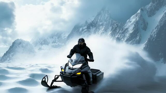 a man on a snowmobile in the snowy mountains. Selective focus