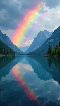 Triple rainbow reflected in a calm lake, mountains in background , colorful, landscape