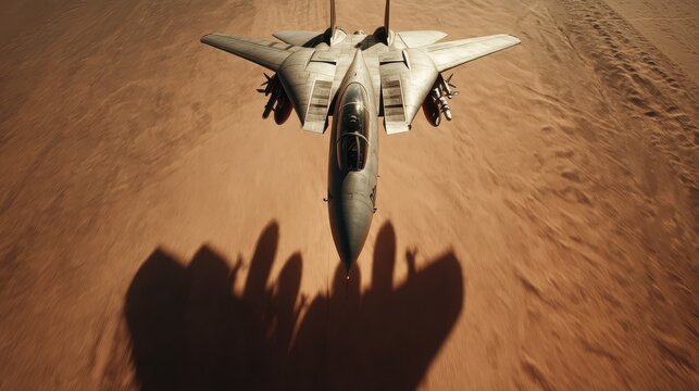 A fighter jet roars through the sky, captured from a cinematic perspective. Soft golden light bathed the sandy landscape below, enhancing the dramatic silhouette of the aircraft