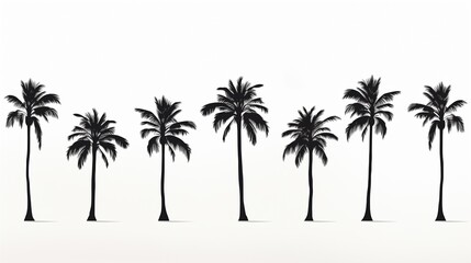 palm tree silhouettes, evenly spaced and varying in height, standing gracefully against a pure white background. 