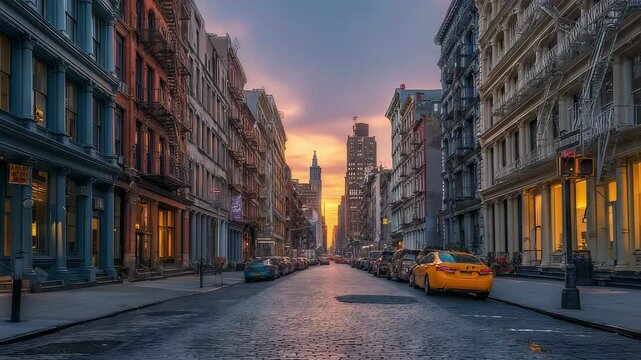 Charming soho street in manhattan, new york city at golden hour with historic cast-iron buildings, warm sunset light, and cobblestone pavement