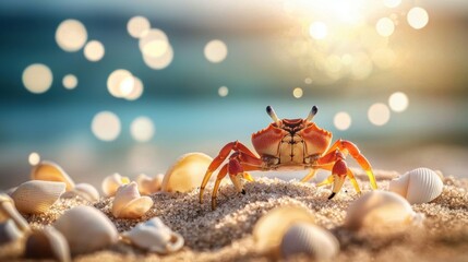 Fototapeta premium A crab sits on a bed of seashells, facing the camera with its claws extended.