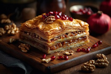 Close-up of a golden layered pastry topped with walnuts and pomegranate seeds on a wooden board with scattered walnuts and pomegranate seeds around