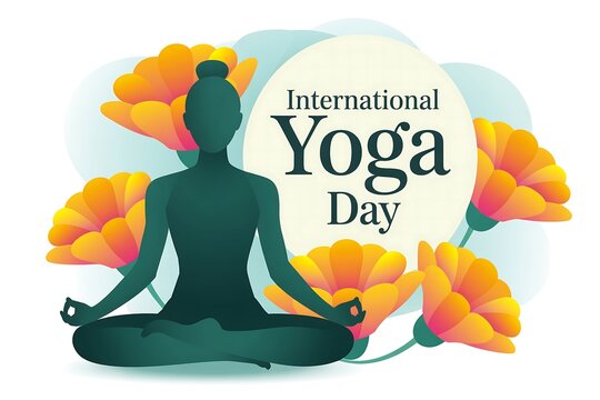 International yoga day illustration with silhouette meditating figure and flowers art