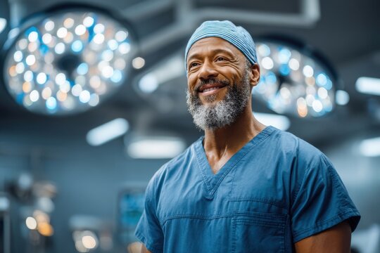 Smiling surgeon in operating room preparing for surgery with modern medical equipment and bright lights - Powered by Adobe