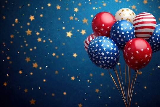 Cluster of festive balloons decorated with stars and stripes on a sparkling blue background, evoking celebration and patriotic joy