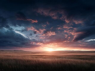 Beautiful sunset over a vast field with dramatic cloud formations.