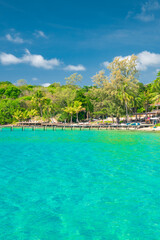 desk of free space and summer beach landscape