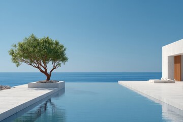 Obraz premium Elegant modern poolside setting overlooking the ocean, featuring a solitary tree under a clear blue sky, ideal for relaxation