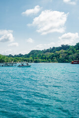 desk of free space and summer beach landscape