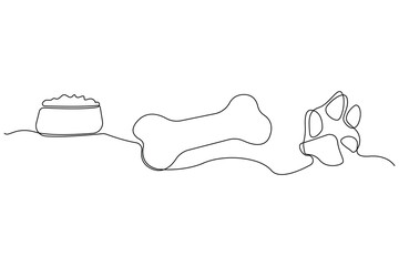 Hand-drawn dog food with paw continuous line art. Dog elements line art icon.