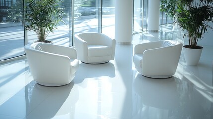 Elegant overhead perspective of white armchairs in an office corner lounge, bright daylight filtering in, modern and clutter-free