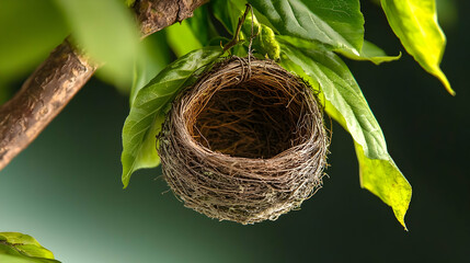 Empty bird's nest nestled amongst lush green foliage, hanging from a tree branch