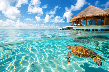 Obraz premium Exquisite overwater villa with a swimming turtle in serene, turquoise water near vibrant coral reefs.