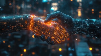 A high-tech business networking concept with holographic digital handshakes