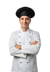 Smiling Male Chef in Traditional Uniform with Arms Crossed – Confident Culinary Professional in Black Hat Isolated on White for Restaurant, Hospitality, and Cooking Industry Use