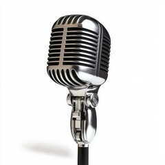Fototapeta premium Shiny vintage-style silver microphone with a black stand isolated on a white background conveying a sense of classic audio and communication