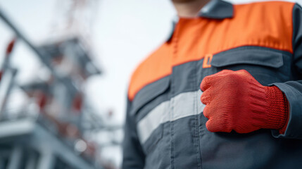 Close up of worker wearing safety uniform and red glove, giving thumbs up gesture outdoors, with blurred industrial equipment
