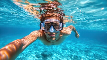 Fototapeta premium Underwater selfie, snorkeling man, turquoise ocean, sunny beach background, travel