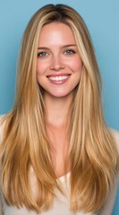 Naklejka premium A cheerful woman with long straight blonde hair beams a bright smile, showcasing her joy. The light blue background enhances the vibrant atmosphere, making the moment feel uplifting