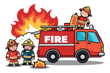 Fire Truck at The Scene as Firemen Work to Extinguish the Fire. Emergency Response in Action. Firefighters Team Isolated on White Background Vector.